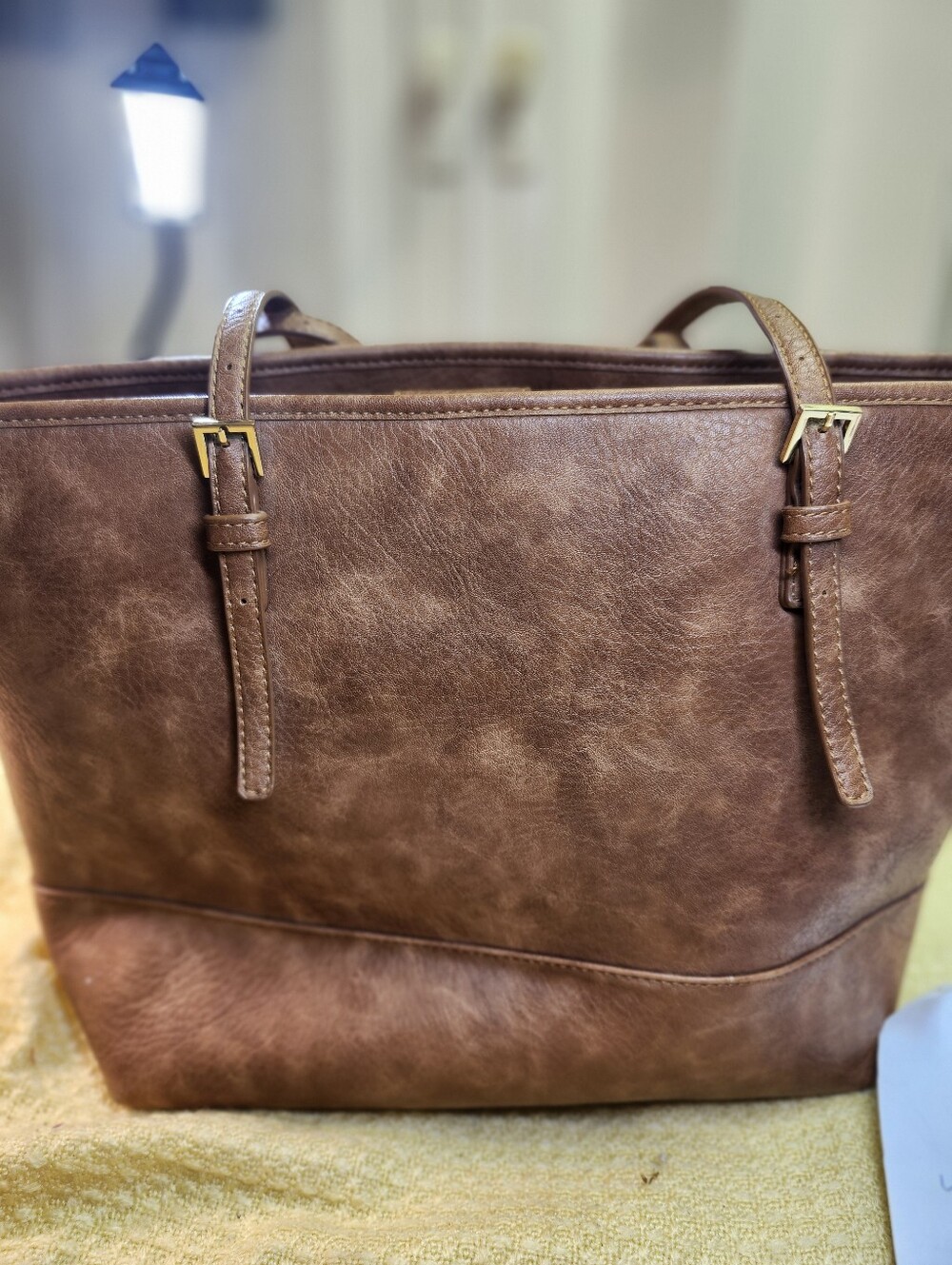 Urban Expressions Brown Faux Leather Tote with Gold Buckles